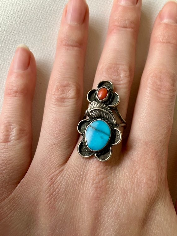 Vintage Native American Turquoise and Coral Flower