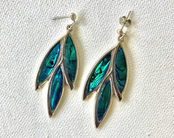 Pendientes colgantes vintage de plata y abulón