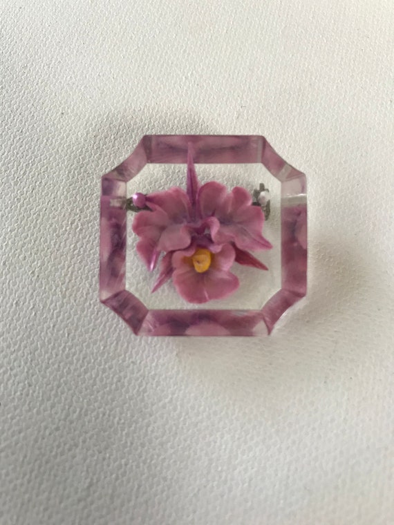 Vintage Handmade Resin Orchid Pin - image 1
