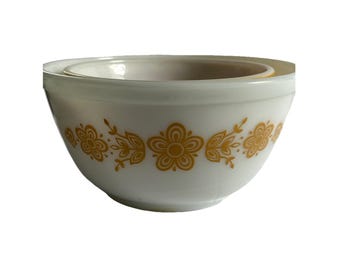 Vintage Pyrex Schmetterling Gold 401 402 Nesting Mixing Bowl Set Weißes Milchglas