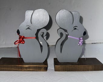 VTG Mice Bookends Wood Painted Hand Crafted Grey Decor 6x7 DIY Craft Mouse Fun
