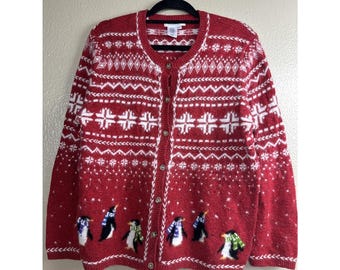 Vintage Coldwater Creek Penguin Winter Strickjacke Festliche Urlaub XL Stricken