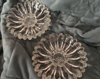 Paar 2 Vtg Kristall klares Glas Sonnenblume Floral Taper Kerzenhalter Perlenrand