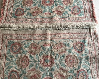 Set de table tissé bleu et rose fleurs VTG tapisserie shabby grand-mère chic