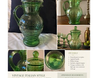 Vintage Empoli Style Smaragdgrün Glas Karaffe Krug Angewandter Griff MCM