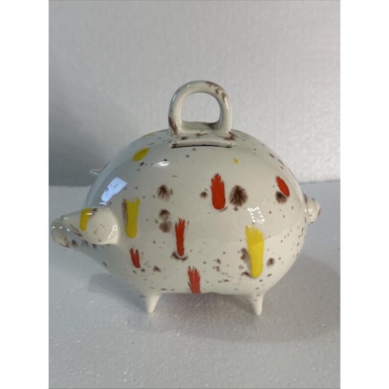 Vintage Ceramic Piggy Bank Coin Splatter Drip Glaze Red, Yellow Cream ...