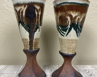 Vintage Studio Art Pottery And Metal Sculptural Candleholder Vases Handmade Pair
