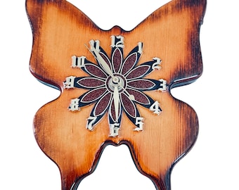 Handgemachte Holz Schmetterling Wanduhr Rustikal Gebrannte Orange Floral Zifferblatt 8,5x7,5