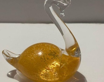 Vintage Swan Art Glass Clear & Yellow Paperweight / Figurine 5" Decor