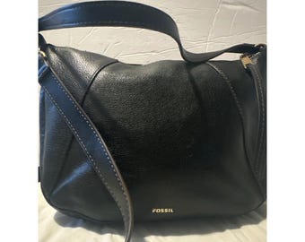 Fossil Vintage Black Pebbled Leather Hobo Shoulder Bag Brass Hardware 9062