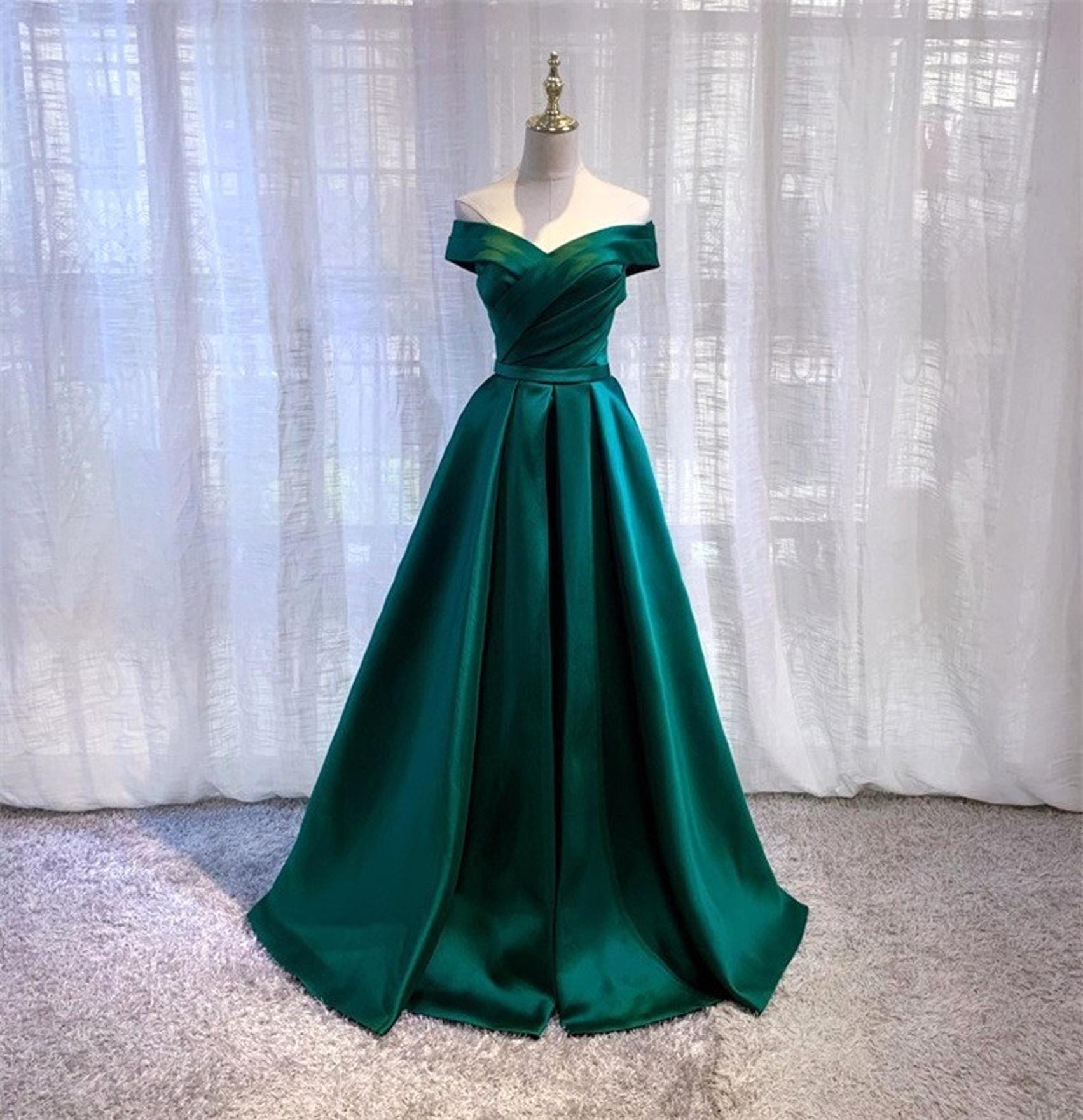 Emerald Green Satin Dress, Wedding Dress, Women Evening Party Gown, A-line Dress, Adult Ceremony Dress,Off the Shoulder Green Dress for Prom