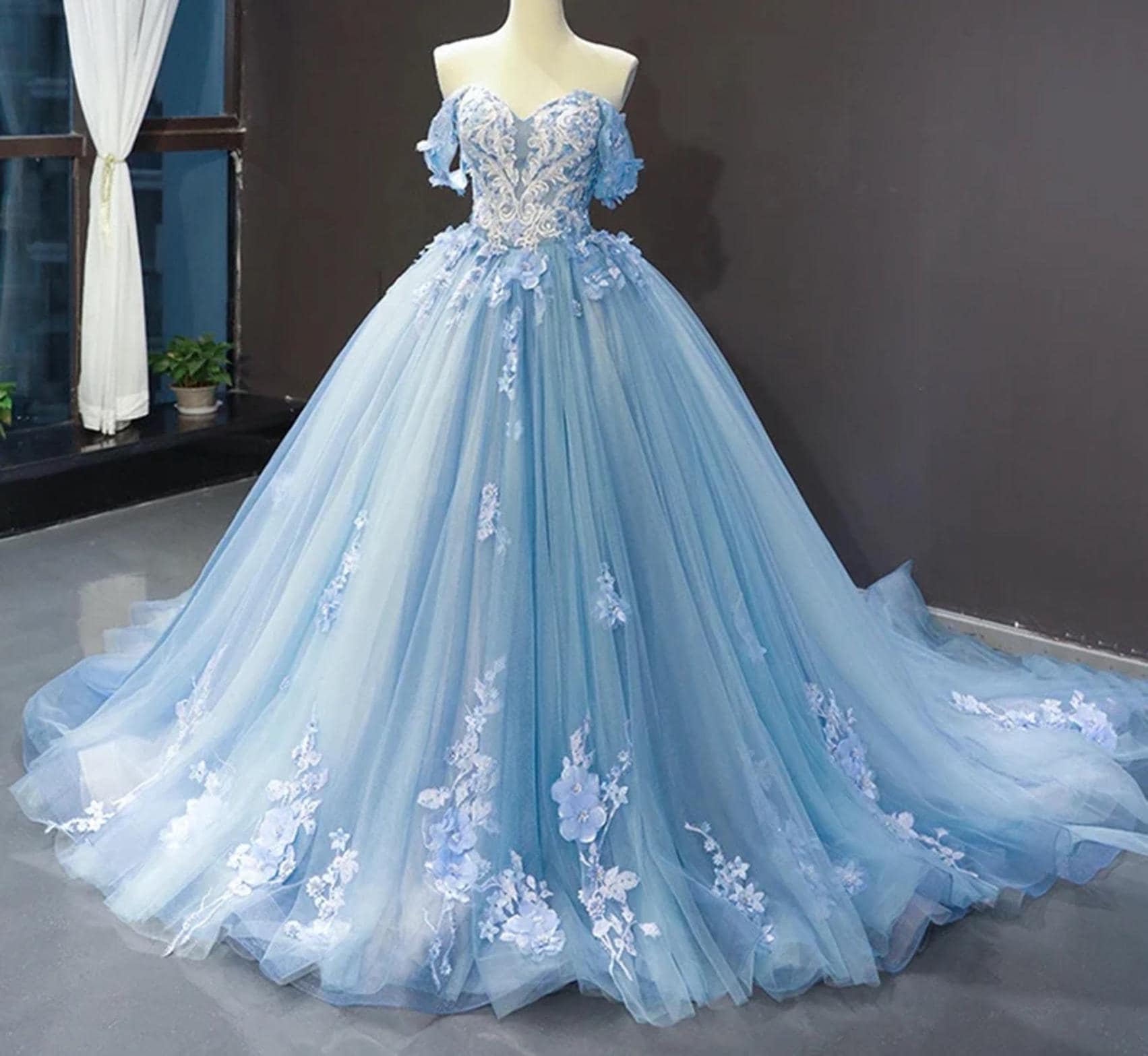 Blue Ball Gown for Prom, Blue Appliques Gown with Train, Quinceanera Dress, Evening Gown, Bridal Draess, Off the Shoulder Blue Formal Dress