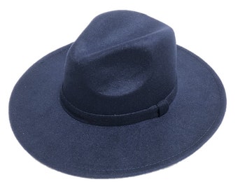 Navy Blue Fedora Panama Upturn Wide Brim Cotton Blend Felt Women & Men Hat
