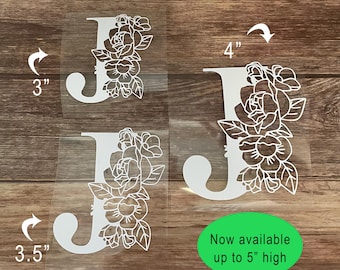 Floral, initial decal, vinyl initial, sticker