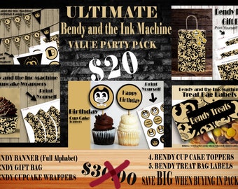 Bendy and the Ink Machine, Bendy ULTIMATE PACKAGE, Bendy Gift bag, Bendy Birthday Banner, Bendy Cupcake wrapper, Bendy Cupcake toppers
