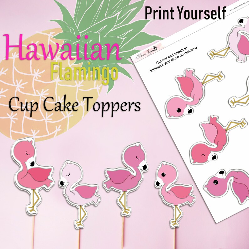 Flamingo Cupcake toppers Hawaiian birthday Printable | Etsy