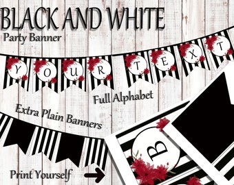 Black and White Party Banner, Party Banner, Water color flowers, Black & White, Black and white stripe decor, Birthday banner