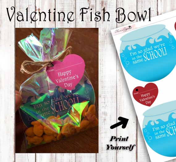 Kids Valentines Day Card, Fish Bowl Valentine, Gold Fish Valentine,  Printable Valentine Card, Downloadable Valentine 