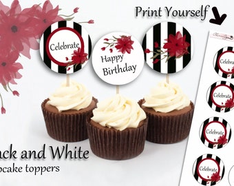 Black and White Stripe Party decor, Black and white water color flower banner, Party decor, Black and White theme, Cupcake toppers