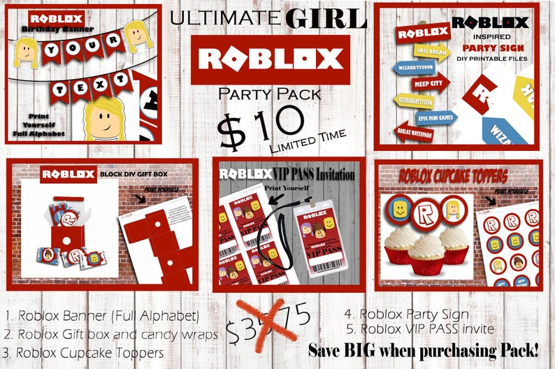 Roblox Birthday Ultimate Girl Roblox Party Pack Roblox Banner Roblox Cupcake Toppers Roblox Vip Pass Invite - 