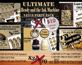 Bendy and the Ink Machine, Printable Bendy ULTIMATE PACKAGE, Favor bag, Birthday Banner, Bendy Cupcake wrapper, Cupcake toppers, Printable