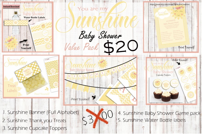 Sunshine decor Sunshine Baby shower Baby Shower decor Baby Shower Ultimate Baby Shower Pack You are my sunshine baby shower