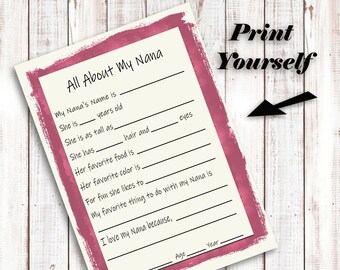 All About My Nana, Mother's Day, Nana, Mother's Day printable, Mother's Day Gift, Printable, Gifts for Nana from kids