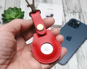 Embossed AirTag Keychain with Gold Initials - Handcrafted Red Leather Apple Air Tag Case -Unique Personalized Husband and Wife Gift, Keyring