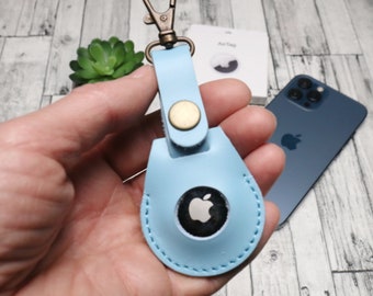 Stylish Light Blue Leather Holder for Apple AirTag - Personalized AirTag Keychain, Keyring, Airtag Bag - Perfect Travel Gift for Her and Him