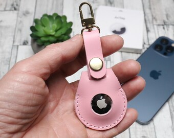 Unique AirTag Pink Leather Keychain Monogram, Personalized Holder with Custom Embossing, Apple Air Tag Case - Travel Gift for Friends Woman