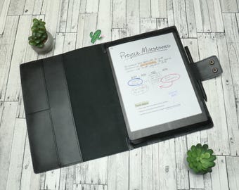 Funda de cuero personalizada para profesionales del papel, funda de cuero auténtico para tableta con soporte elástico para bolígrafo, funda para lector electrónico, funda tipo folio de cuero.
