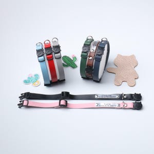 May include: Several pet collars in shades of blue, red, grey, green, brown, and black. Some collars feature name tags with phone numbers. A cat-shaped leather cutout and decorative stickers are also visible.