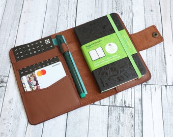Leather Mini Pocket Moleskine Cover with Pen Loop, Personalized Embossed Journal, Custom Pocket Notebook Cover 3.5x5.5 / 9x14, Birthday Gift