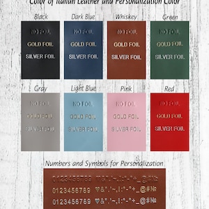 May include: Color chart showing different leather colors and personalization options for a leather product. The colors include black, dark blue, whiskey, green, gray, light blue, pink, and red. The personalization options include no foil, gold foil, and silver foil. The chart also shows the numbers 0-9 and symbols that can be personalized on the leather.