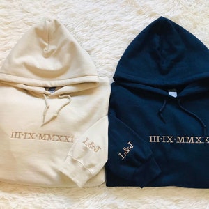 Custom personalised embroidered his & hers couples matching unisex couples hoodies Roman numeral valentines wedding gift anniversary hoodie