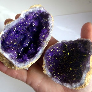 Quartz purple & gold Selenite crystal Geode both halves  approx 70mm