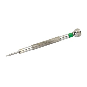 May include: A silver watch repair tool with a green band and a knurled handle.