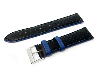 Racing Sports Watch Strap BLACK BLUE Genuine Leather Strap Replacement Contrast Design