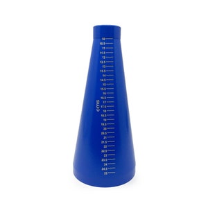 May include: A blue plastic measuring funnel with a graduated scale in centimetres, ranging from 10 to 25 cm.