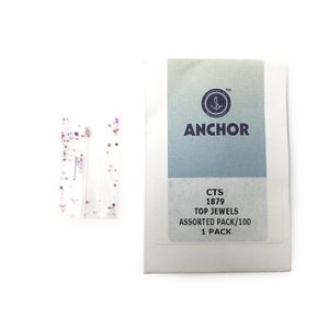 May include: A pack of 100 assorted clear top jewels with a silver anchor logo and the text "Anchor CTS 1879 Top Jewels Assorted Pack/100 1 Pack".