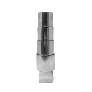 May include: A vertical, metallic sculpture with a geometric design. The sculpture is composed of stacked cylindrical and rectangular shapes, creating a modern, abstract form. The metal has a polished, reflective surface.
