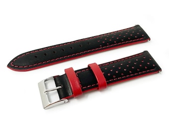 Racing Sports Watch Strap BLACK RED Genuine Leather Strap Replacement Contrast Design