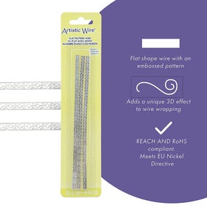 May include: A pack of silver flat wire with an embossed pattern. The wire is 15.2 cm long and is labelled "Artistic Wire Flat Pattern Wire". The packaging also includes the text "Flat shape wire with an embossed pattern" and "Adds a unique 3D effect to wire wrapping".
