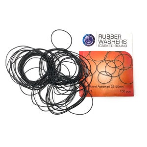 May include: A collection of black rubber washers beside a packet marked "RUBBER WASHERS (GASKET) ROUND". The packet also states "Round Assorted 32-50mm" and "100 pcs". The washers are circular and seem to be made of a flexible material.