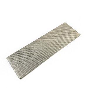May include: A silver metal rectangular sharpening steel with a textured surface.