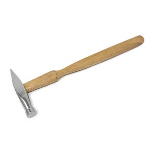 May include: A metal and wood hammer with a pointed head and a wooden handle. The hammer has a silver-coloured head and a light brown handle. The hammer is designed for precision work and is set against a white background.