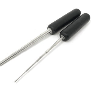 May include: Two black handled retractable tools with silver metal extensions. The tools are different lengths.