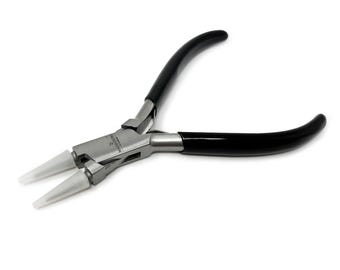 May include: Round nose pliers with black handles and silver metal construction. The pliers have white, cone-shaped tips. The tool is designed for jewellery making and other craft projects.