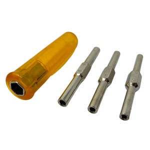 May include: A yellow handled screwdriver with a hexagonal socket and three silver metal bits. The bits have hexagonal heads and square sockets. The tools are arranged on a white background.