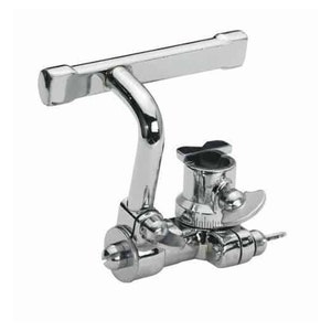 Peut inclure: Un robinet chromé avec une barre horizontale et un bec courbé. Le robinet est équipé d'une poignée à levier et d'une petite buse. Le robinet est conçu pour être monté au mur et a une surface brillante et réfléchissante.